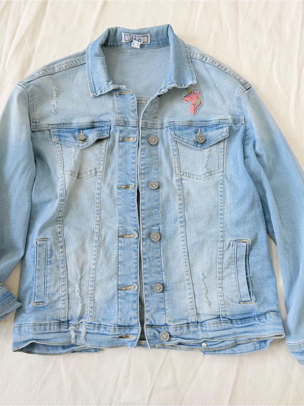 Womens Jean Jacket Denim Fashion Patch Unicorn Rose J'Adore Les Bonbons XS